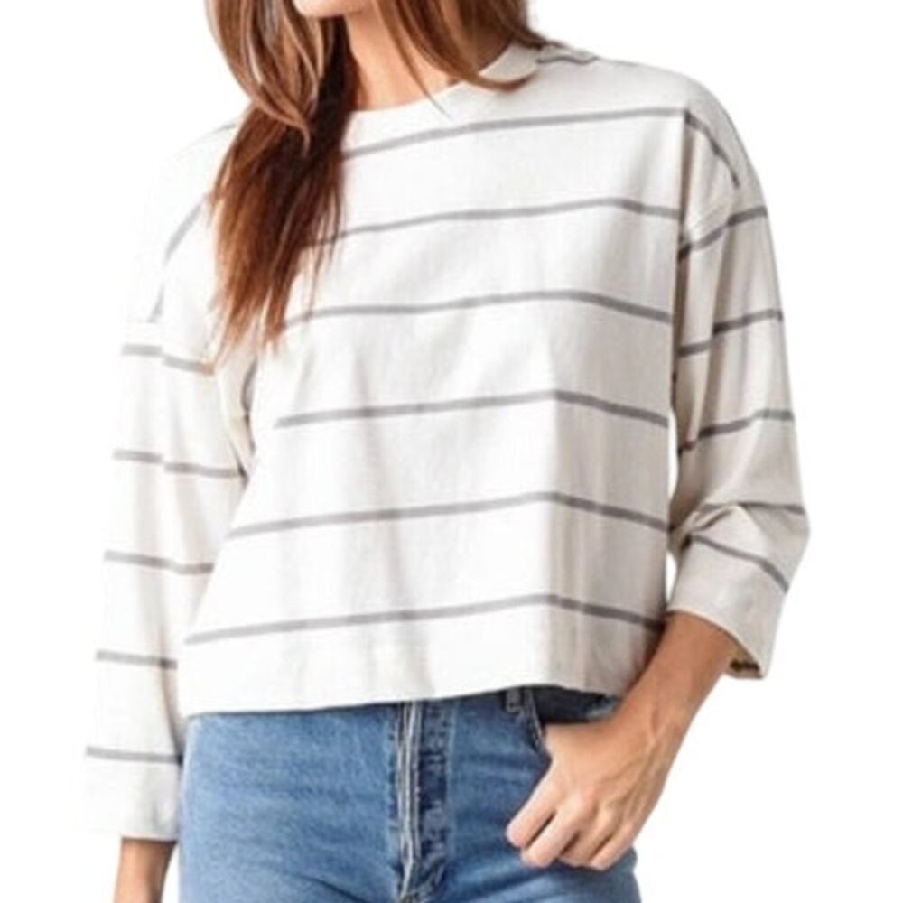 ATM Womens Plaited Jersey Stripe Sweatshirt SZ M Ivory Gray Designer Minimalist